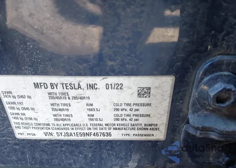 2022 Tesla Model S Dual Motor All-Wheel Drive z USA, uszkodzony, nr VIN 5YJSA1E59NF467636